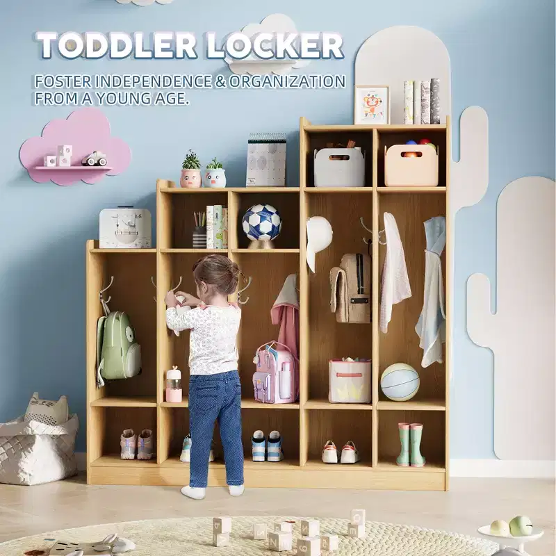 5-Section Wooden Kids Coat Locker - 9 Storage Cubbies, 10 Hooks - Organizer for Daycare, Kindergarten, Home, Nursery, School