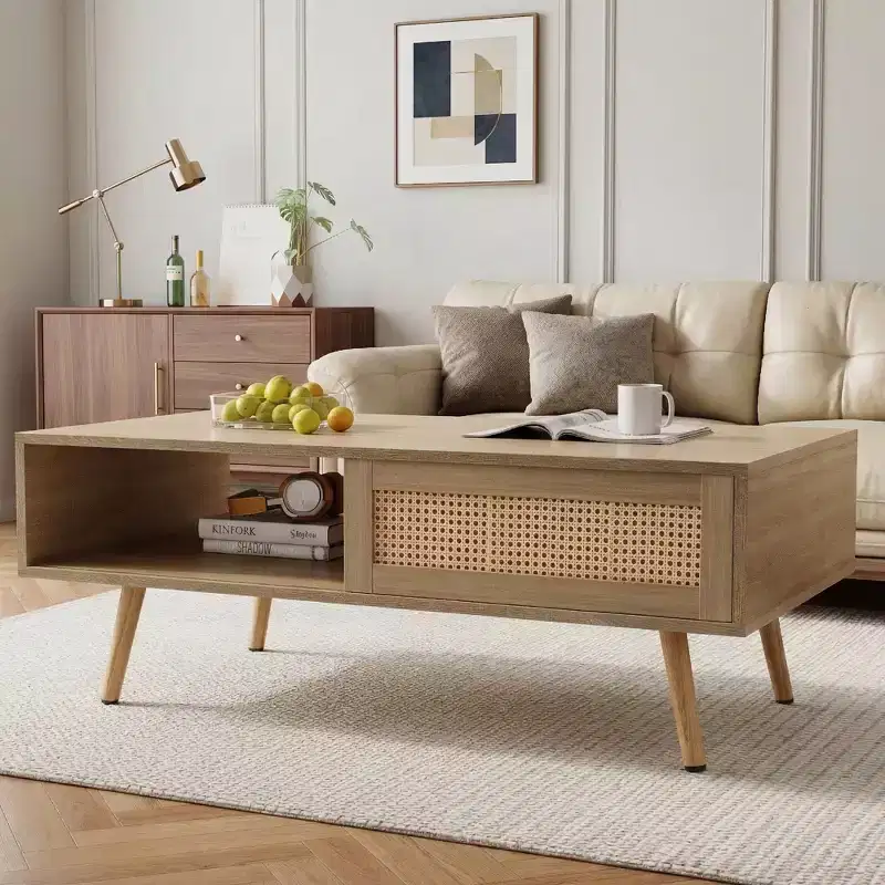 Fun little toys brand 41.34 Rattan Coffee table, sliding door for storage, solid wood legs, Modern table for living room , natural