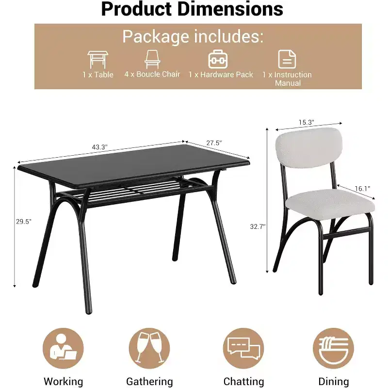 COZONY 5-Piece Dining Table Set with 4 Boucle Chairs, Rectangular Marble Tabletop with Storage Shelf, Beige Modern Dining Furniture