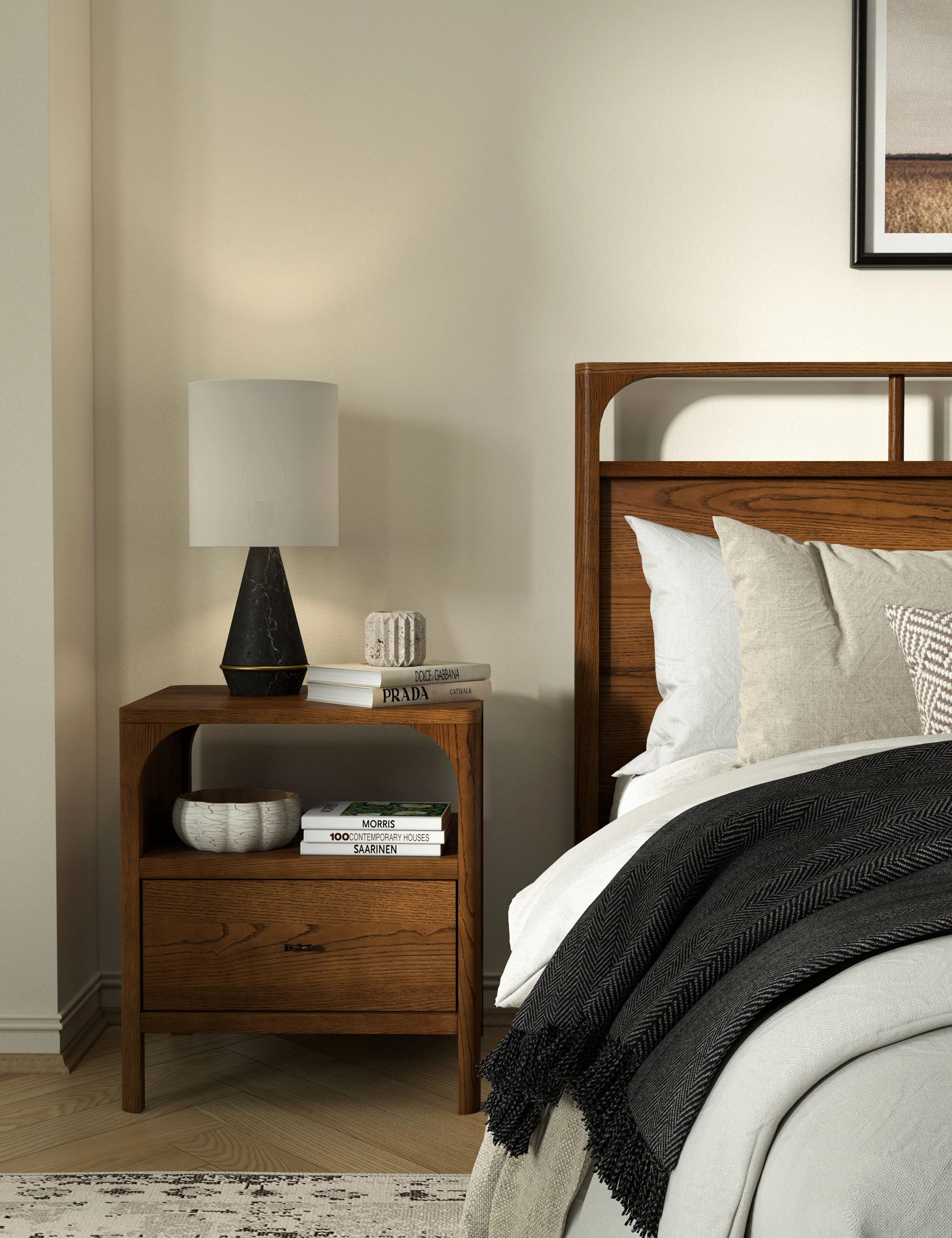 Nightstand Clean lines and natural oak grain lend a simple elegance to this modern nightstand. The wood nightstand is hand-finished with a walnut
