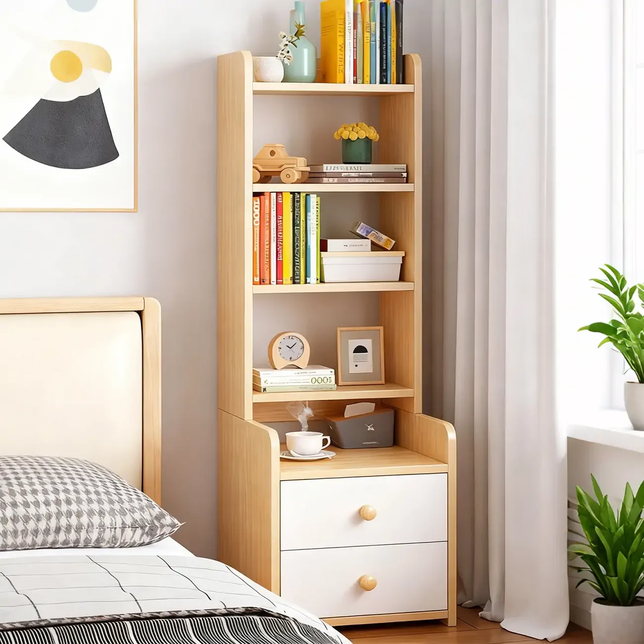 Modern Tall Wood Spacious Shelves 2-Drawer Nightstand