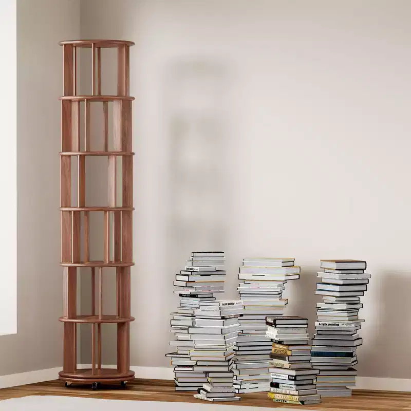 Okak 360 Rotating Bookshelf with Wheels, Solid Wood Narrow Bookcase with 6-Tier, Display Case for Living Room, Office, Bedroom, Walnut