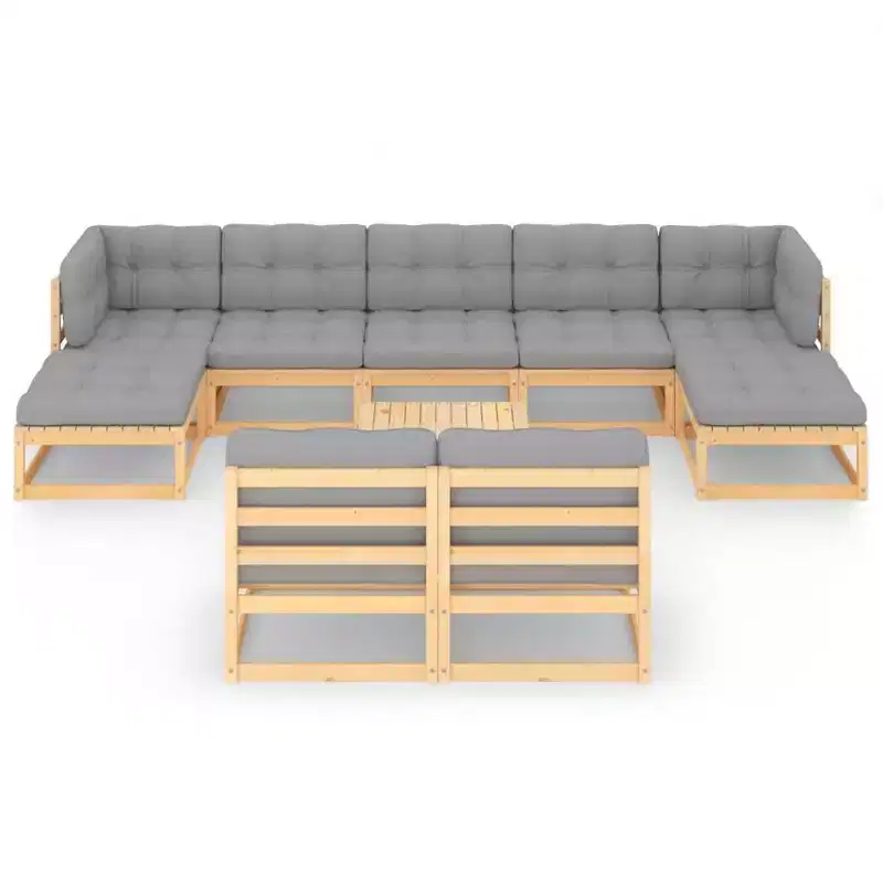 vidaXL Patio Furniture Set 10 Piece Outdoor Sectional Sofa Solid Wood Pine - Natural With Cushion