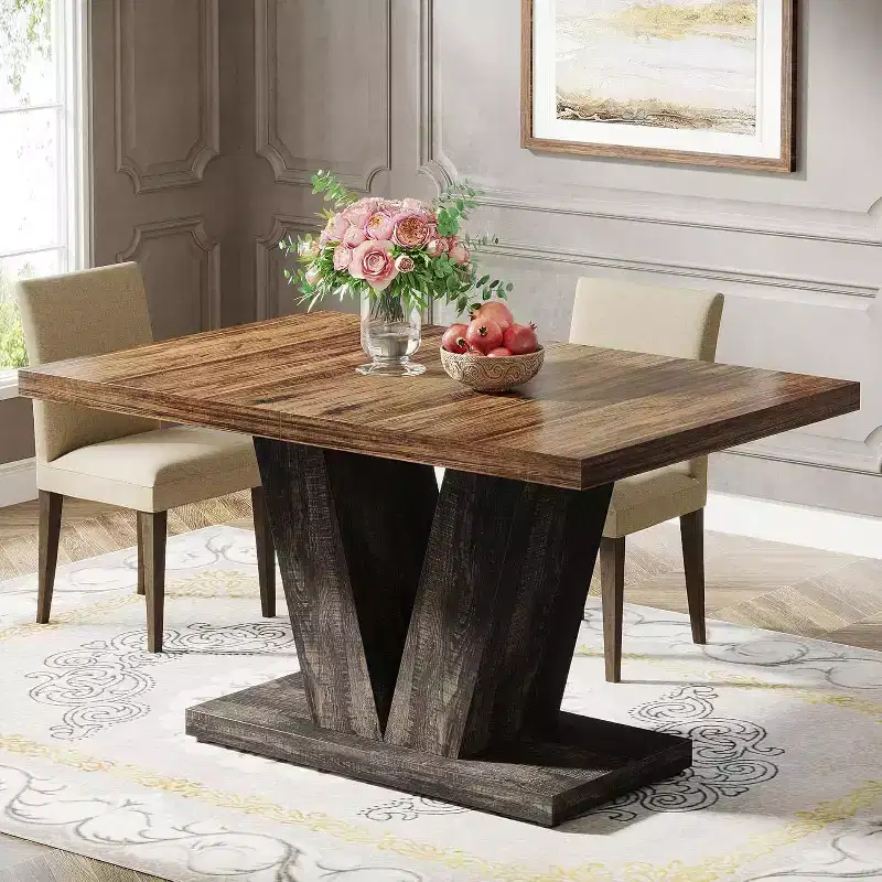 Farmhouse Large Rectangular Dining Table with Sturdy Pedestal Base,Minimalist Kitchen Dinner Table for Dining Room,Breakfast Nook
