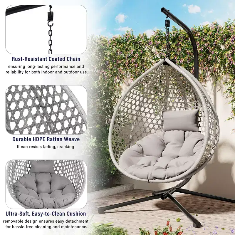 GDFStudio Anderson Hanging Egg Rattan Chair with Stand and Soft Removable Cushion