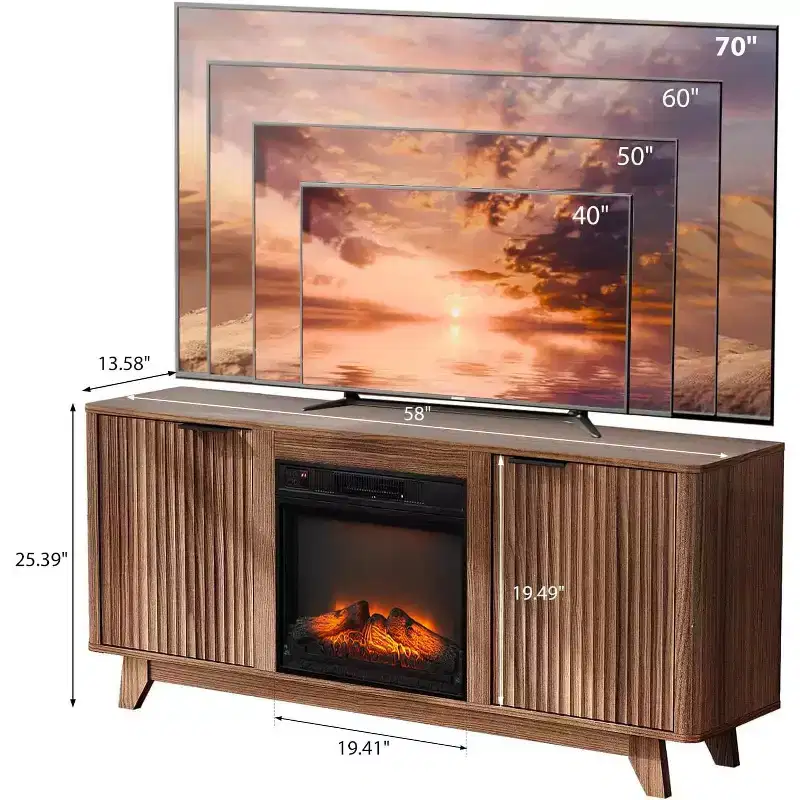 Fluted Fireplace TV Stand for up to 70 inch TVs, Entertainment Center with Electric Fireplace Heater & Adjustable Shelves