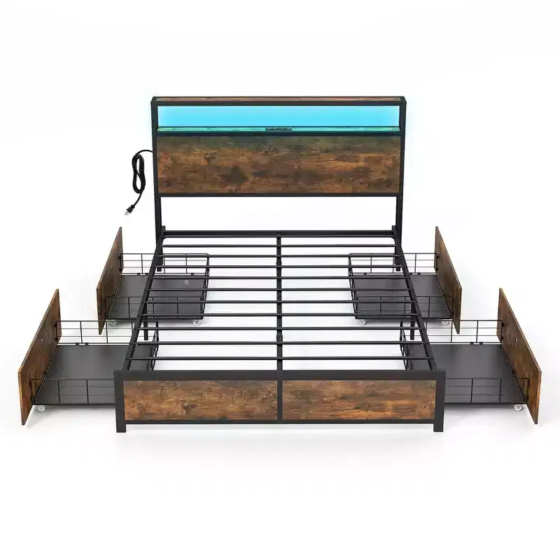 Costway Full/Queen Industrial Platform Bed Frame with Storage Drawers & LED Lights Headboard