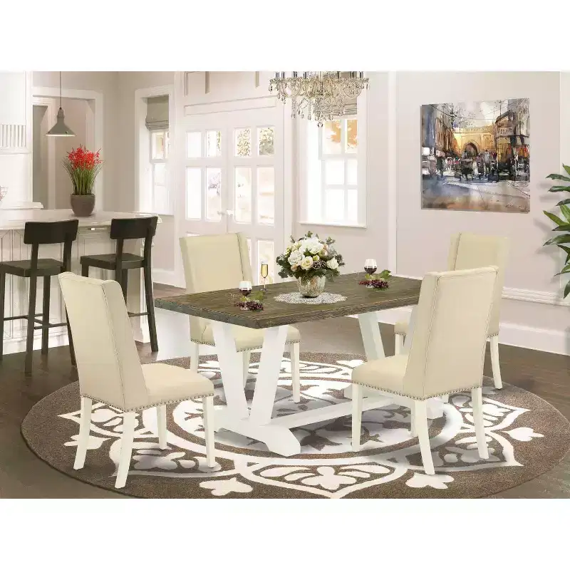 HomeStock 5-Piece Rectangle Distressed Jacobean Finish Solid Wood Top Dining table with 4 Chairs