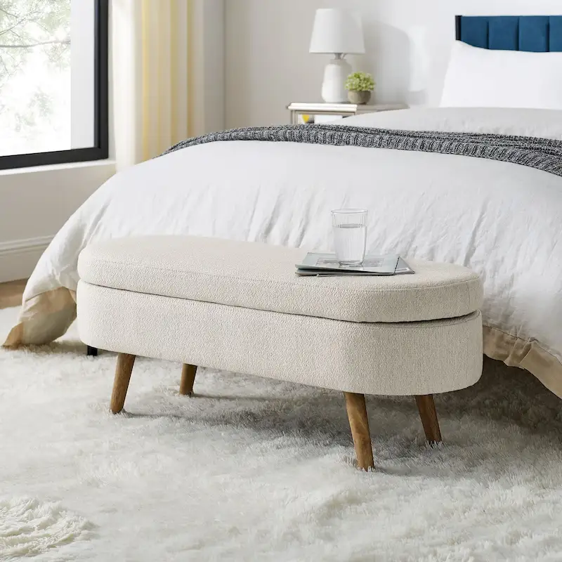 Storage Bench Modern Linen Fabric Ottoman Footstool with Solid Wood Legs Oval Storage Entry Bench Seat for Living Room Bedroom