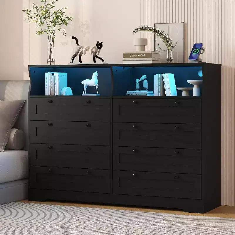 8 Drawer Dresser with Charging Station and LED Lights, Modern Chest of Drawers with Power Outlet, Organizer Cabinet for Bedroom, Living Room