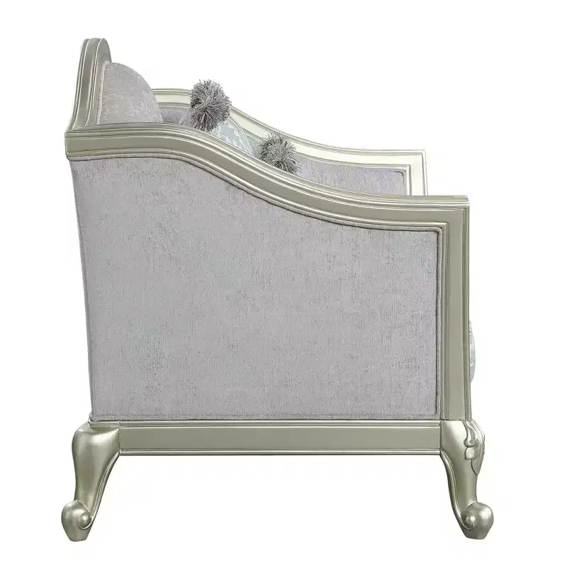 66 Qunsia Sofa Light Gray Linen & Champagne Finish - Acme Furniture: Leather Upholstery, Wood Frame, No Assembly Required
