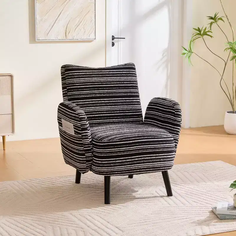 Modern Stripe Design Sofa Armchair with Side Pocket and Solid Wood Legs, Comfortable Accent Reading Chair for Living Room Bedroom Office