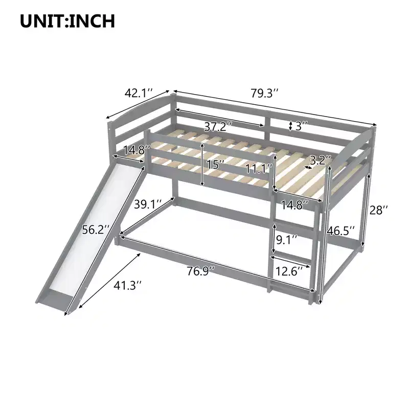 Low Bunk Bed with Slide, Twin over Twin Bunk Bed with Convertible Slide and Ladder, Kids Floor Bunk Bed Frame