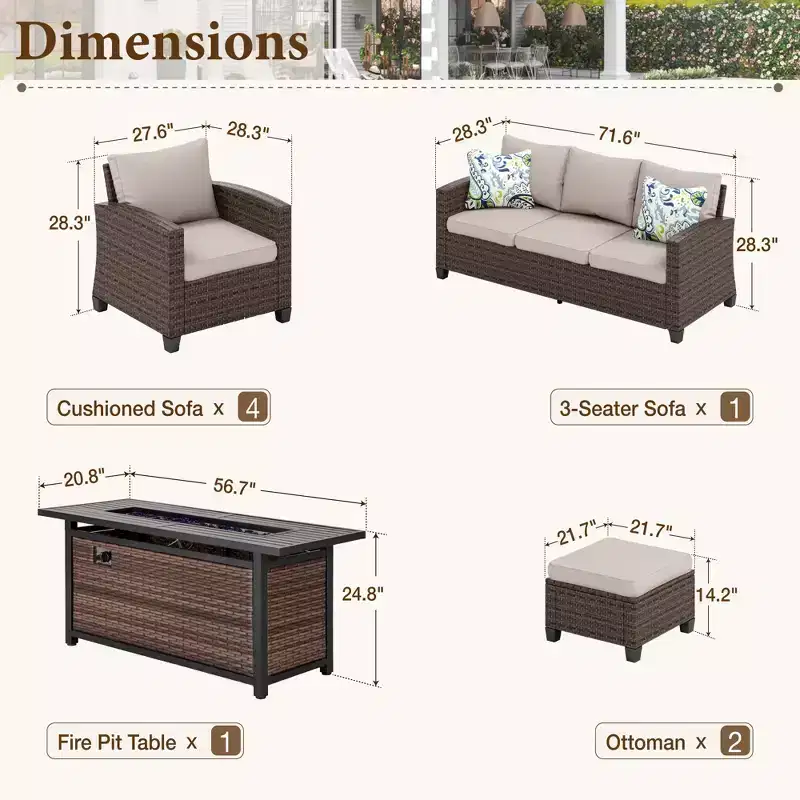 Captiva Designs 8pc Outdoor Patio Wicker Rattan Cushioned Sofa Fire Pit Set with Ottomans and Single Sofas