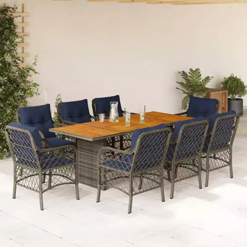 vidaXL 9-Piece Outdoor Patio Dining Set in Gray with Navy Cushions, PE Rattan and Acacia Table Top, Weather-Resistant Garden and Deck Furniture
