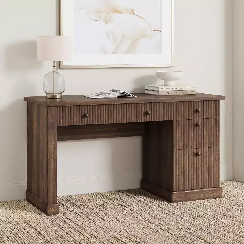 Home Desk Storage with Recesses, 54 Inch Modern Executive Desk, Wooden Writing Desk with File Drawer for Study Room