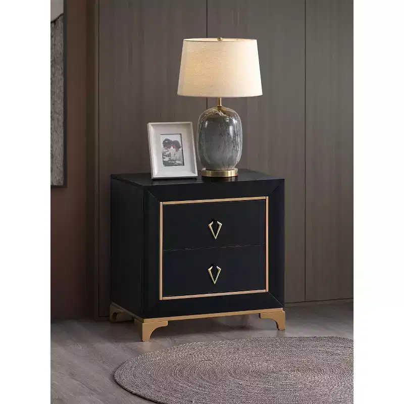 Passion Furniture Kramer Black and Gold 2-Drawer 24 in. W Nightstand