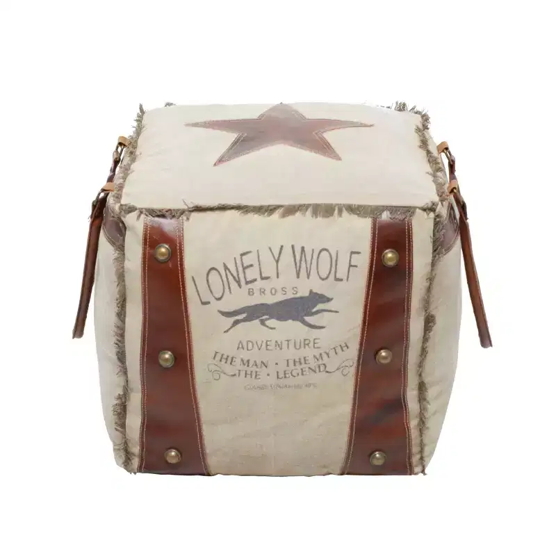 Square Tufted Foot Stool Ottoman, Canvas and Faux Leather