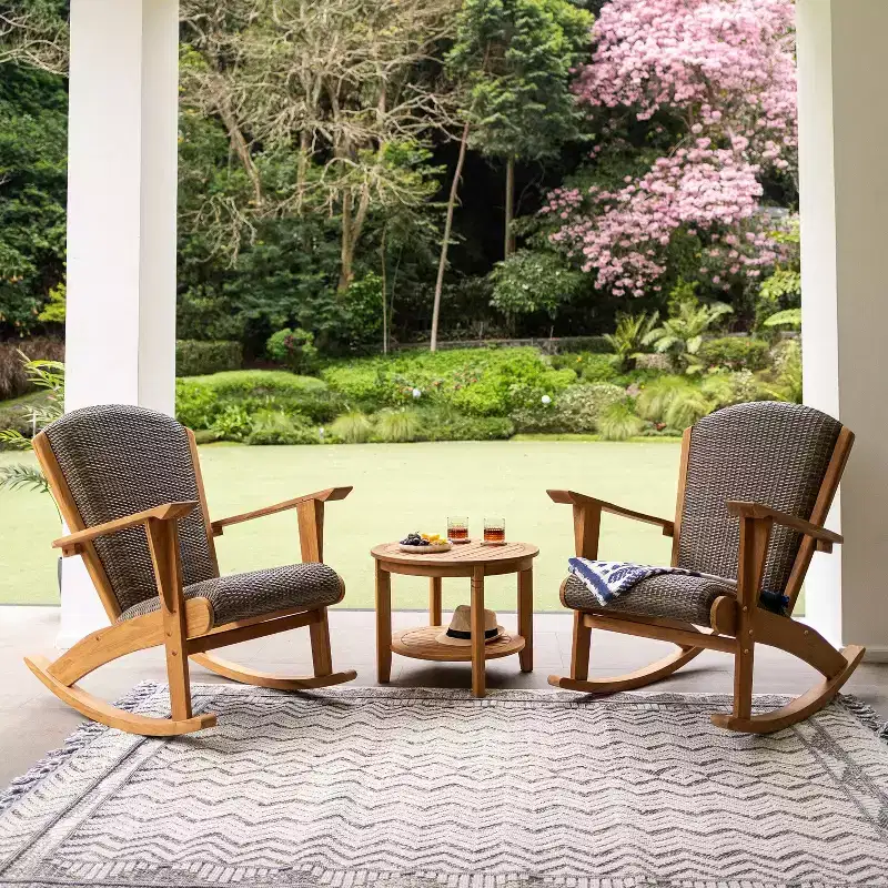 Sonoma Lane Burke 3pc Teak Outdoor Rocking Conversation Set with Padded Woven Seat – Ideal for Small Spaces, Teak Brown Finish
