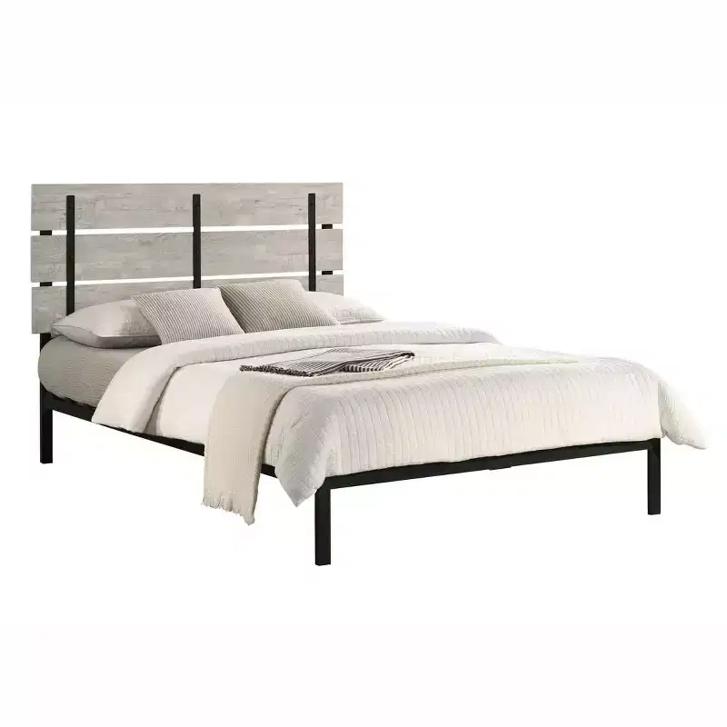 Metal Platform Bed Frame with Wood Headboard, Gray, Multiple Sizes