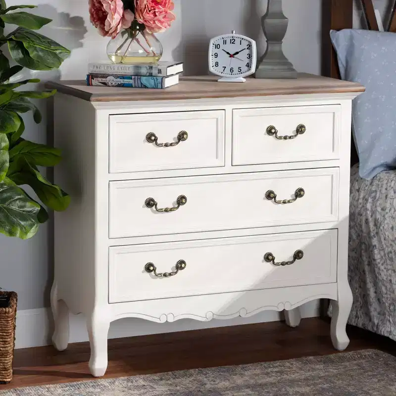 4-Drawer French Provincial Accent Dresser White/Oak with Brass Handles