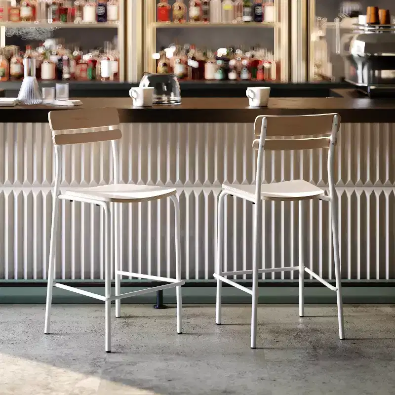 Flash Furniture 2 Pack Cyprus Commercial Grade Solid Wood Bar Stools with Metal Frames and Antique Finish