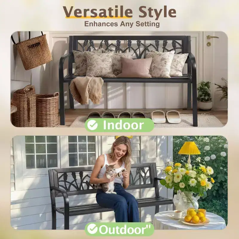 Karl Home | 49-inch Black Metal Bench with PVC Tulip Backrest
