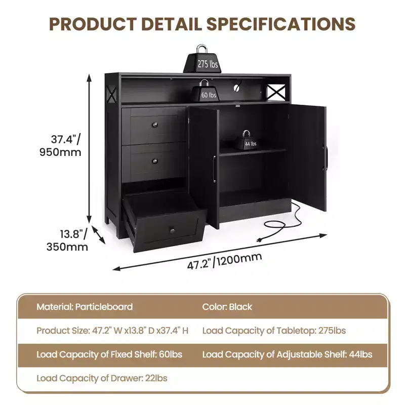 Sideboard Buffet Cabinet, Farmhouse Kitchen Buffet Storage Cabinet, Featuring 3 Drawers, 2-Door Cabinet for Kitchen, Dining Room