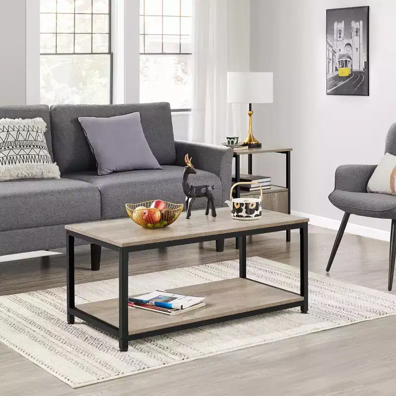 Wood Industrial Coffee Table with Storage Shelf for Living Room