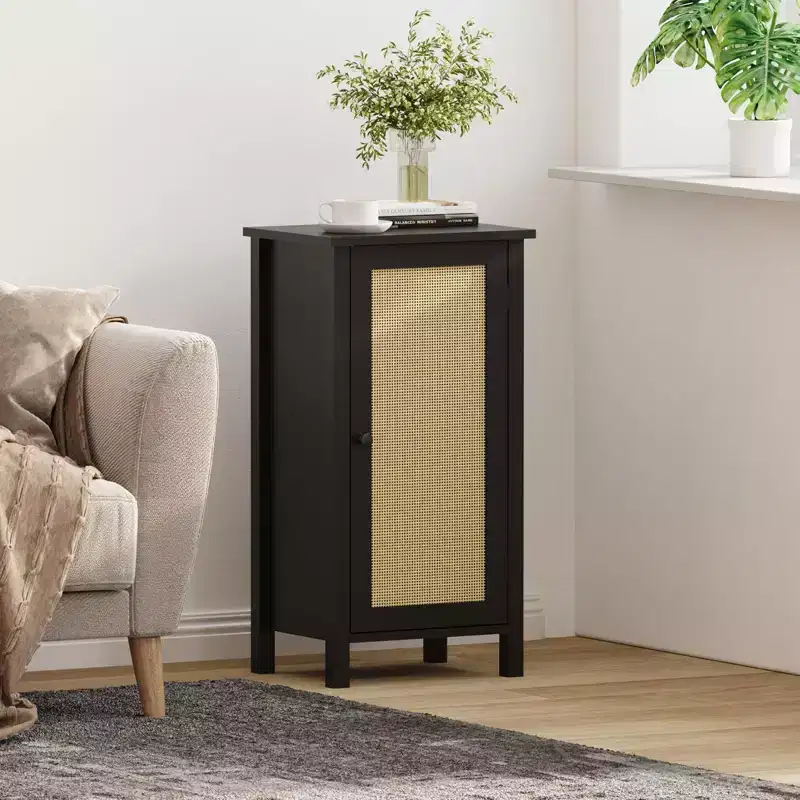 Modern Nightstand with Storage, 15.8W Wooden Sofa Side Table, Rattan Slim End Table, Bedside Table for Living Room Bedroom Sofa Couch