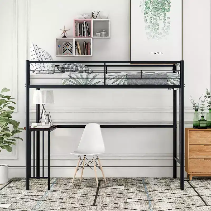 Twin Size Metal Loft Bed with Built-in Desk, Ladder & Guardrails – 78.1