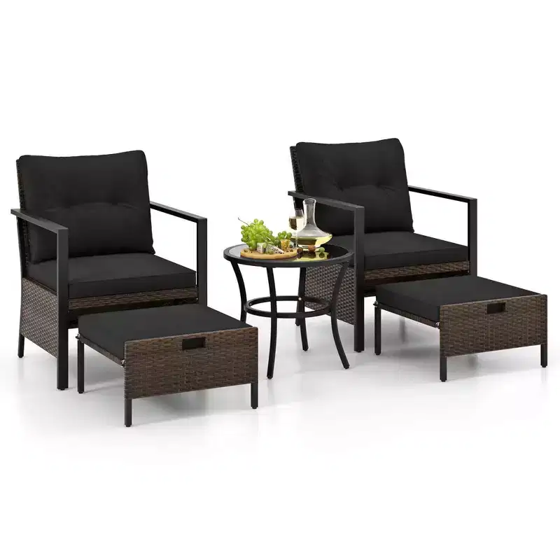 Costway 5 PCS Outdoor Furniture Set Rattan Chairs & Ottomans with Glass Topped Coffee Table Off White/Black/Navy/Gray