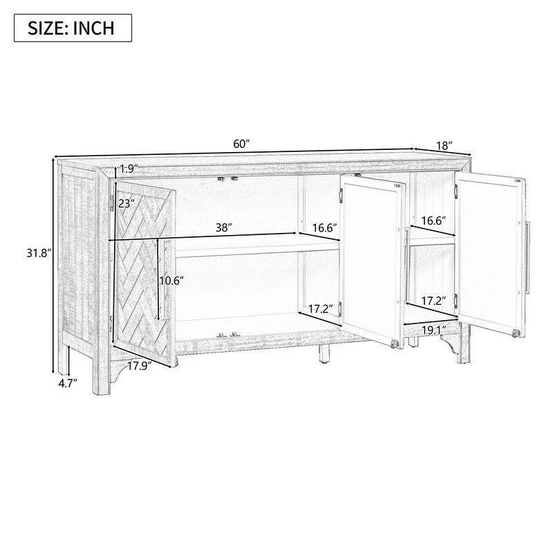 60W Cabinet Sideboard with Adjustable Shelves and Pine veneer - N/A