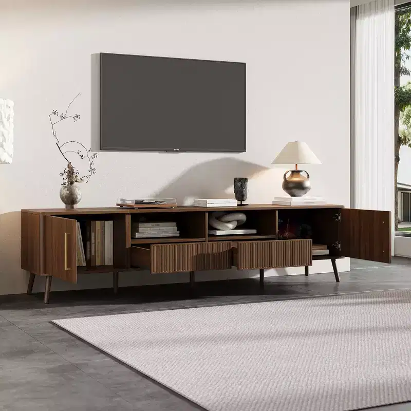 78 TV Stand for TVs up to 85, Modern TV Console Fluted Media Console Walnut TV Cabinet Media Entertainment Center with Soft-Close Door - ModernLuxe