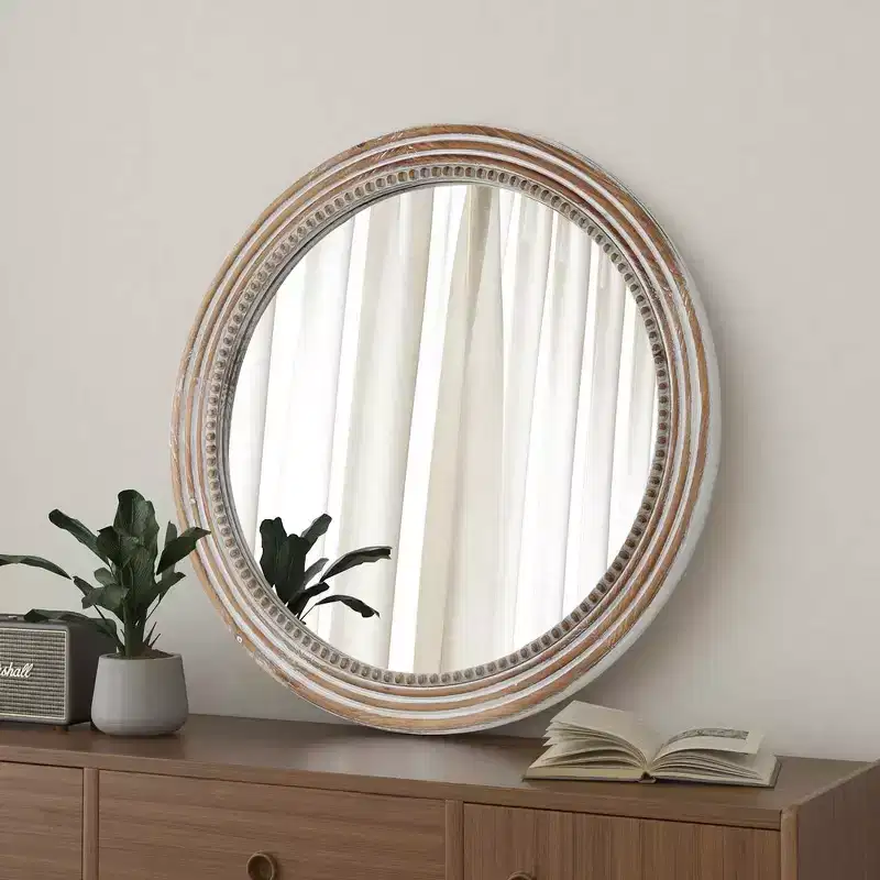 Farmhouse Round Decorative Wall Mirror with Beaded Rustic Wood Frame, 24