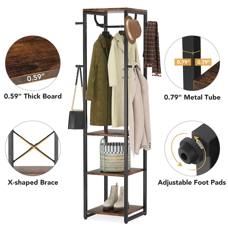 Freestanding Coat Rack with Shelves, 4 Shelves and 8 Hooks