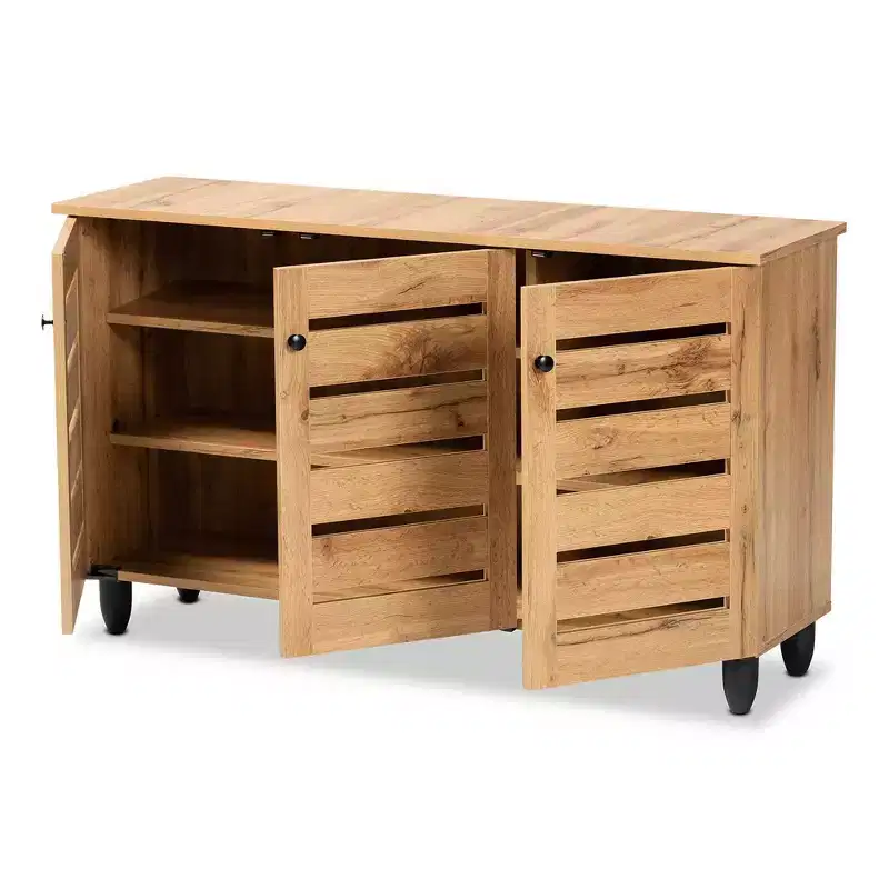 Wood 3-Door Shoe Cabinet Oak Brown/Black - 6 Fixed Shelves