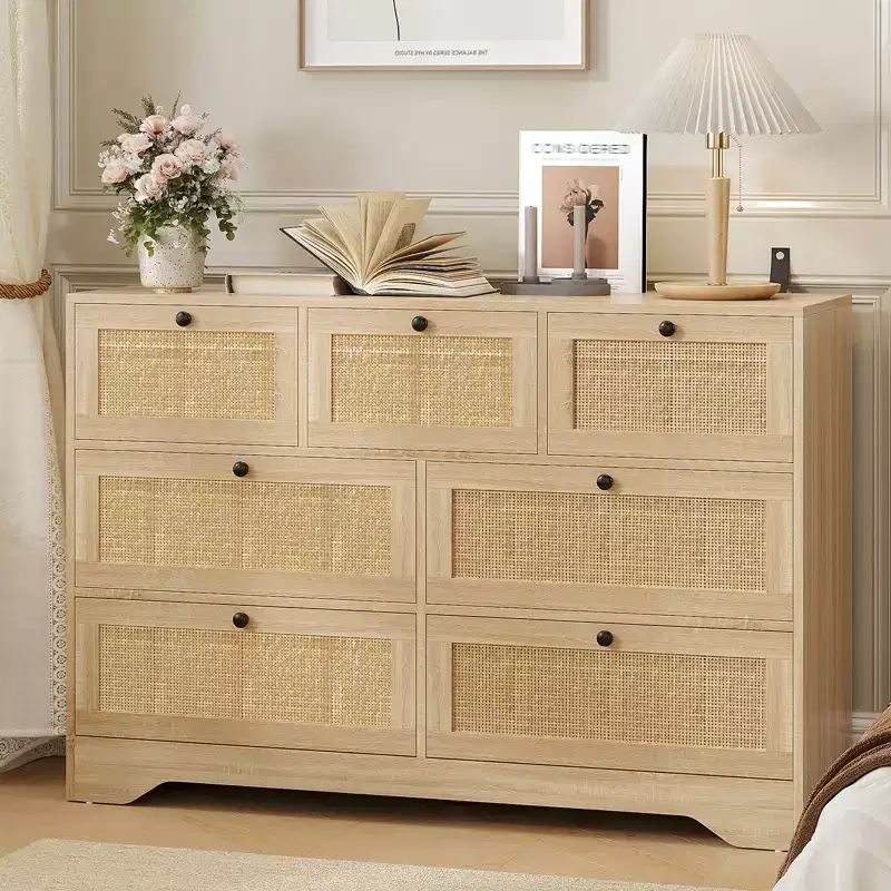 CuisinSmart Natural Rattan 7 Drawer Dresser for Bedroom, Farmhouse Wooden Chest of Drawers for Living Room, Entryway, Hallway, Oak