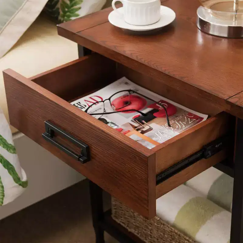 Ash Wood Nightstand with Drawer and Open Shelf