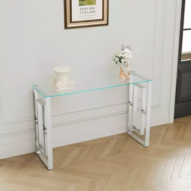 Modern Console Table, Transparent Glass Table with Stainless Steel Legs for Living Room Office Silver