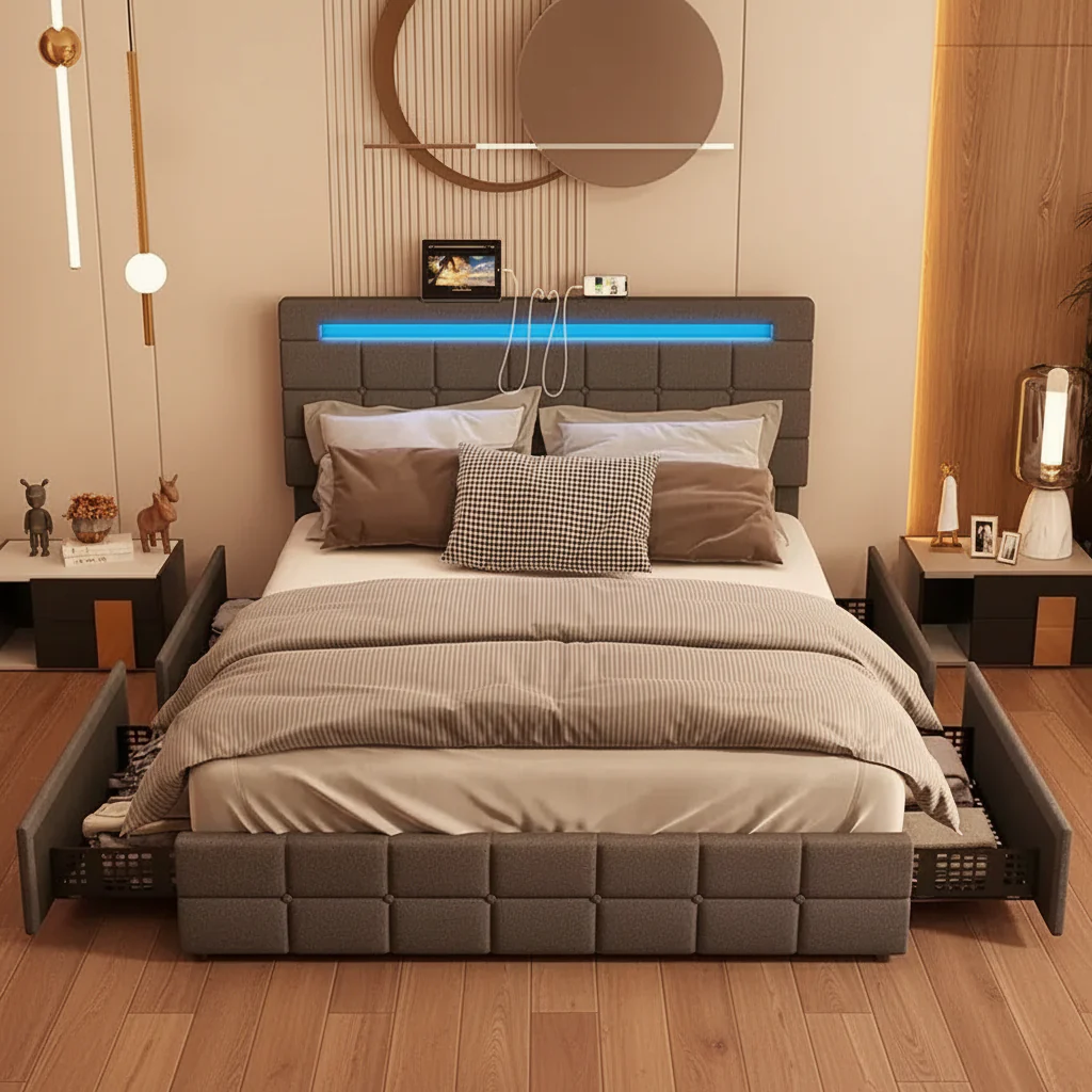 Full Upholstered Platform Bed with LED Headboard Charging Station Storage Drawer