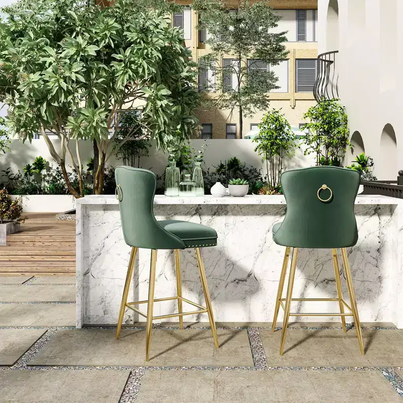 PexFix 2Pcs Bar Stools Velvet Counter Height Bar Stools with Metal Legs Button Tufted and Nailheads Trim Wing-Back Bar Chairs Green