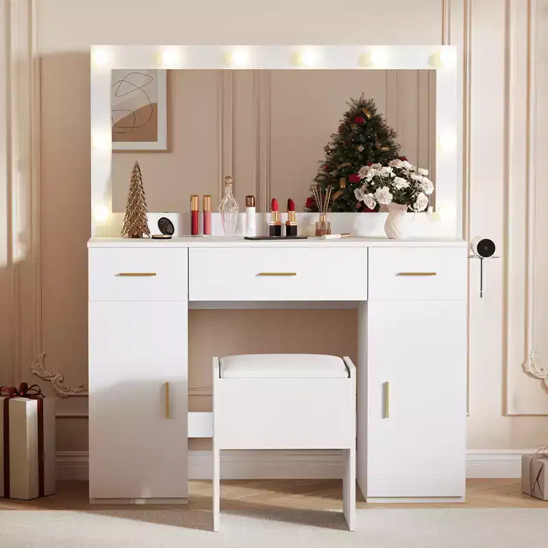 Acekool Makeup Vanity Desk with Mirror, Modern White Vanity Table with Drawers and Storage Stool, for Bedroom Apartment