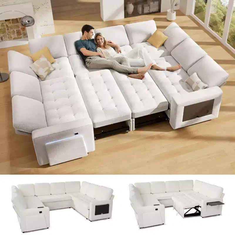 Sleeper Sofa with Pull Out Bed/Reclining Backrest/USB Ports/Table/LED Light/Storage Seat, 8 Seat Large U Shaped Sectional Couch