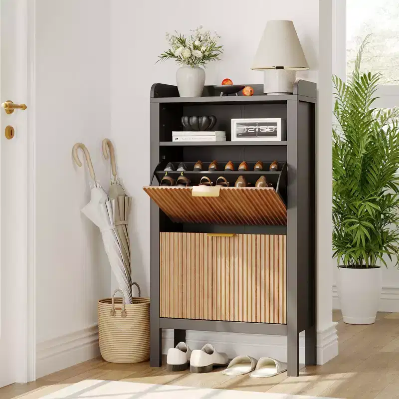 Fluted Shoe Storage Cabinet with 2 Flip Drawers - Narrow Freestanding Hidden Shoe Organizer with Legs for Entryway, Hallway, Living Room, Bedroom