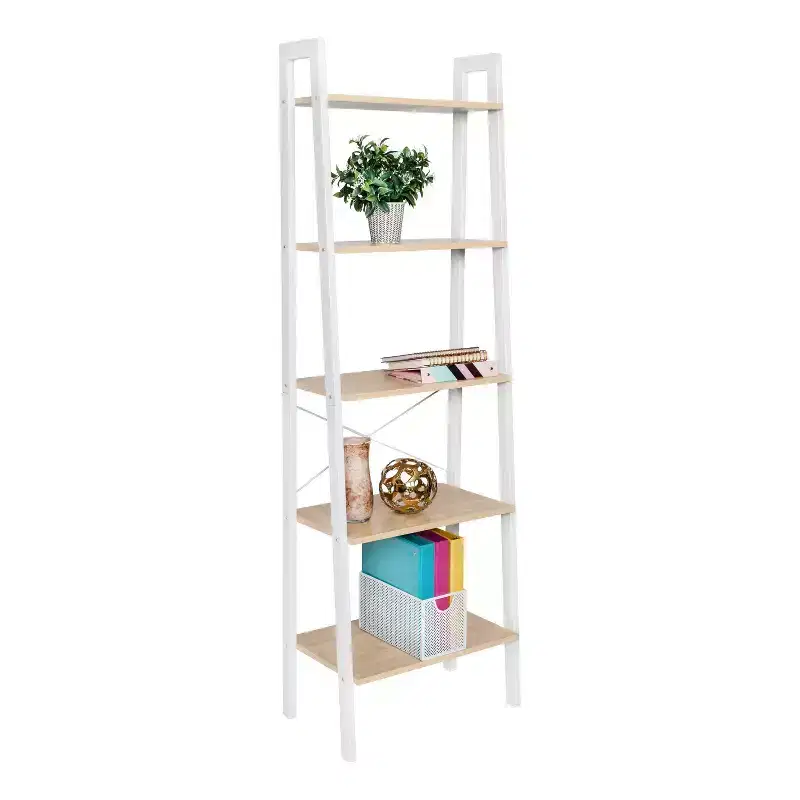 Honey-Can-Do 5 Tier Shelf: White Ladder Bookshelf, Steel Frame, 67.7" Height, 50 lb Capacity, Veneer Finish