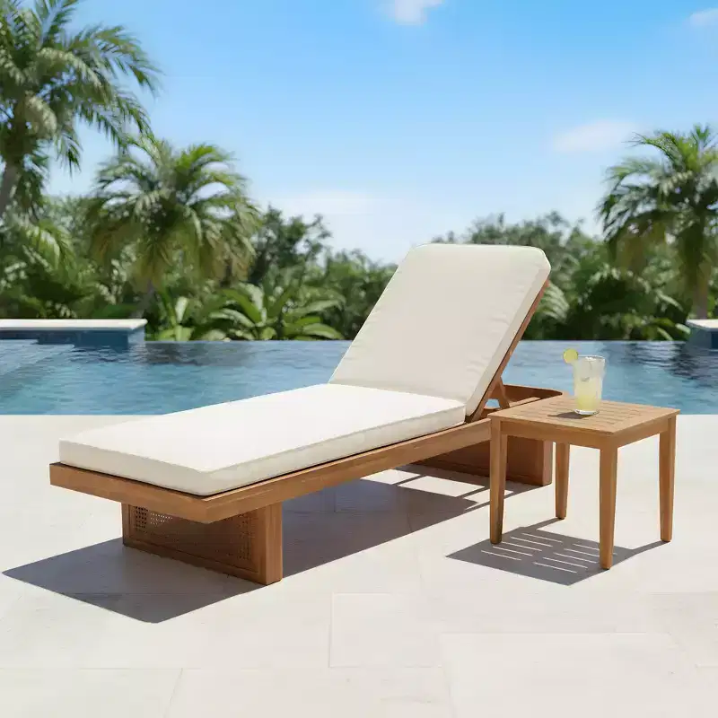 Christopher Knight Home Amelie Patio 2 Piece Acacia Wood Rattan Sunlounge Set with Cushion and Slatted Table