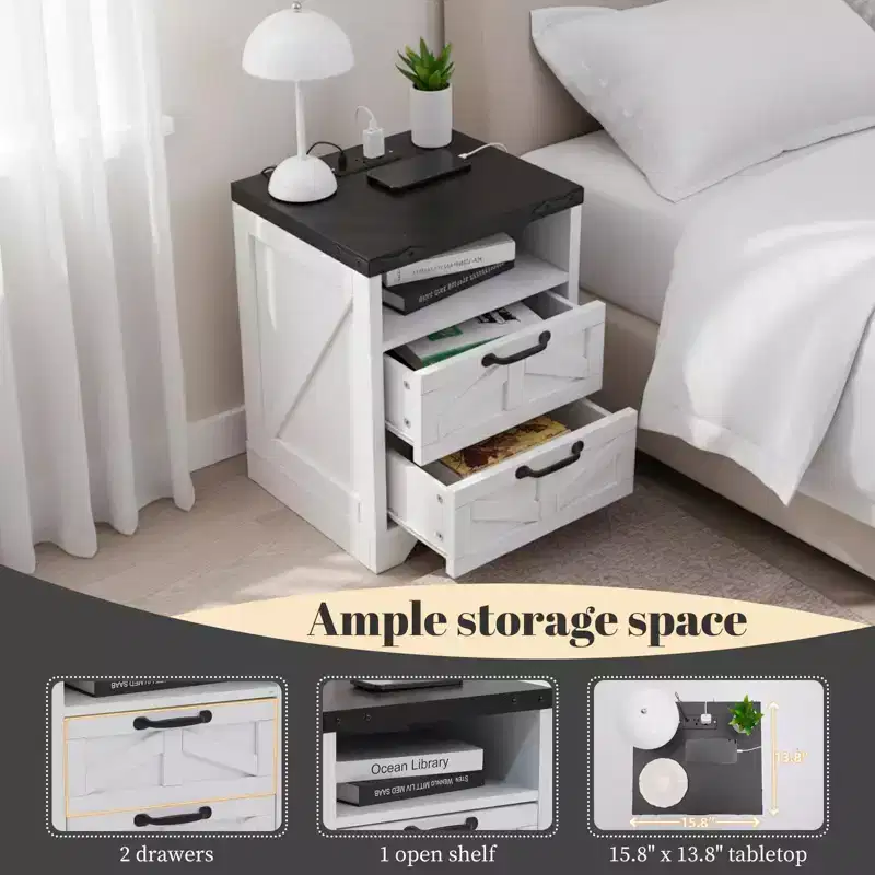 Farmhouse Style Bedside Table - White bedside table with charging station, bedroom bedside table, double drawers, sturdy and durable engineered wood.