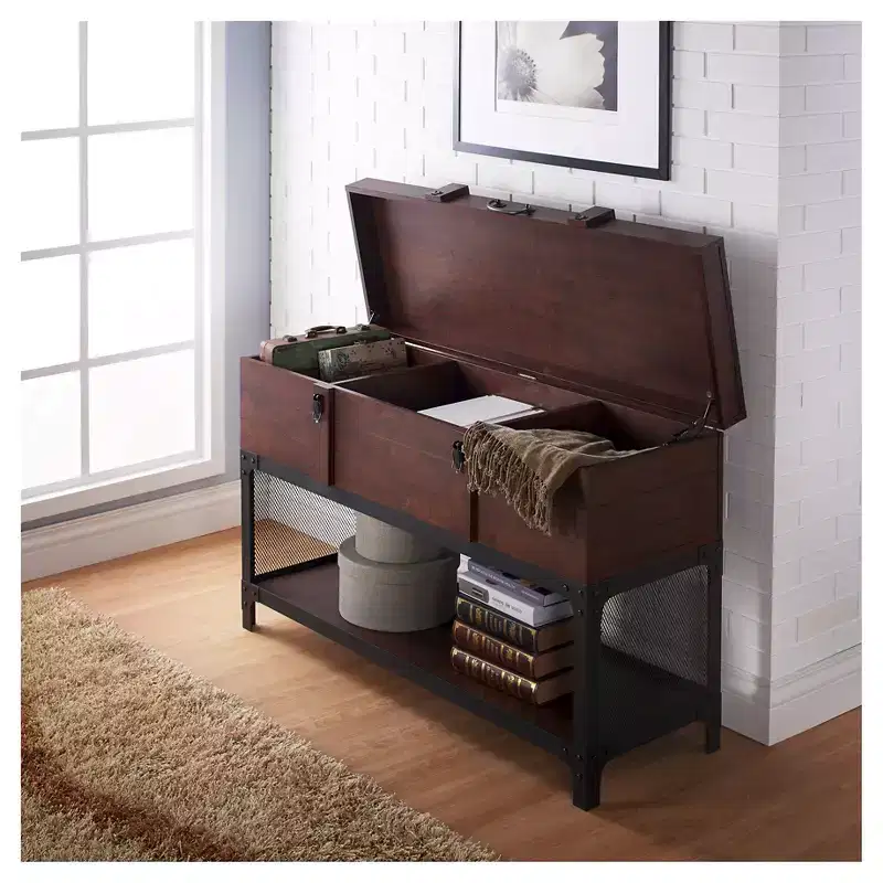 HOMES: Inside + Out Millan Trunk Style Sofa Table Vintage Walnut: Entryway Furniture with Lift-Top Storage Shelf