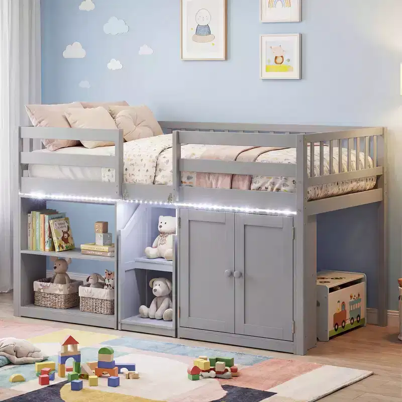 Twin Low Loft Bed with LED Light, Stairs & Guardrails, Modern Pine Wood Kids Bed, White/Mint/Gray